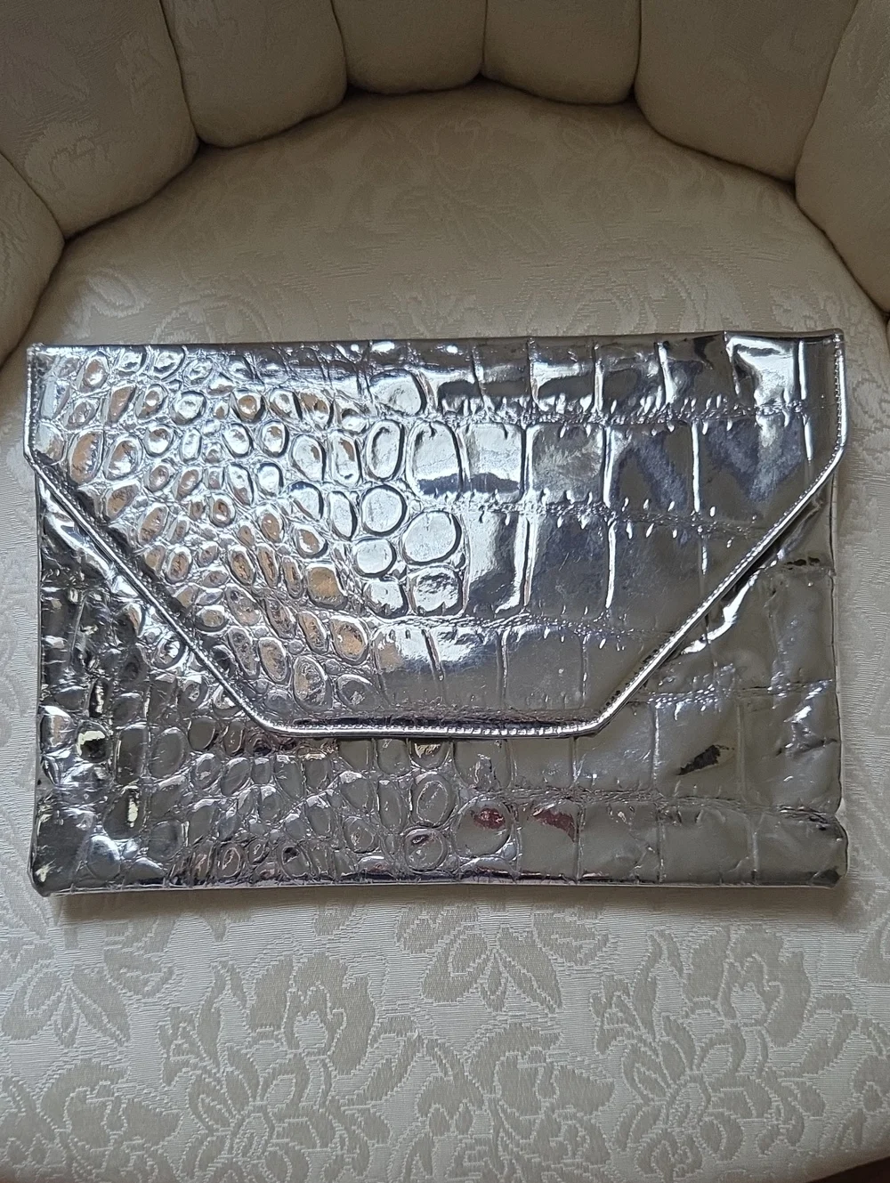 Vintage Silver Croc-Embossed Envelope Clutch